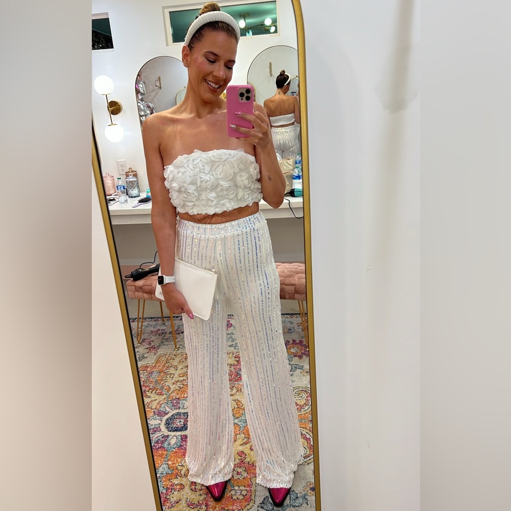 White Iridescent Sequined Pants